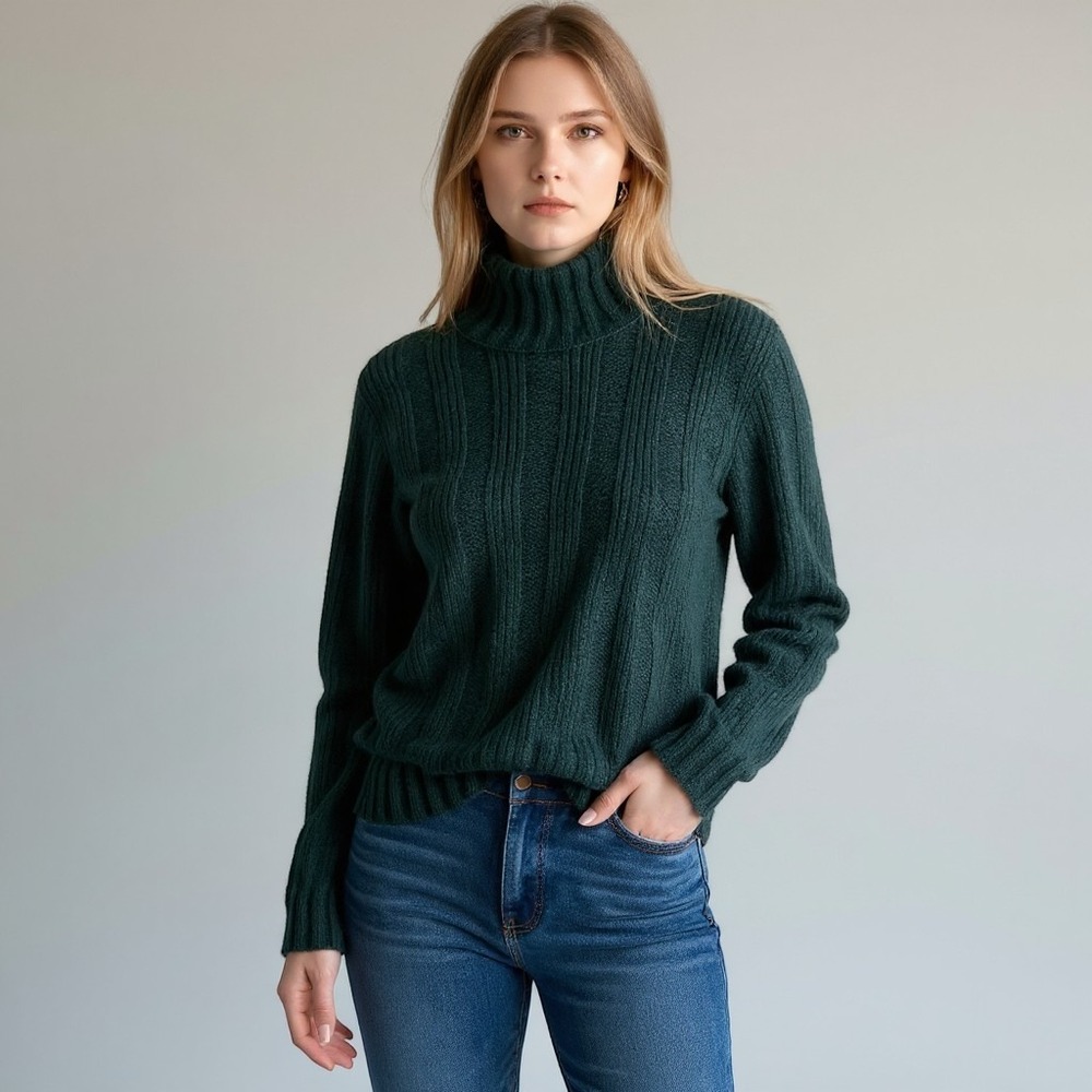 Banana Republic Womens Cashmere Wool Silk Mock Neck Ribbed Sweater Green Medium